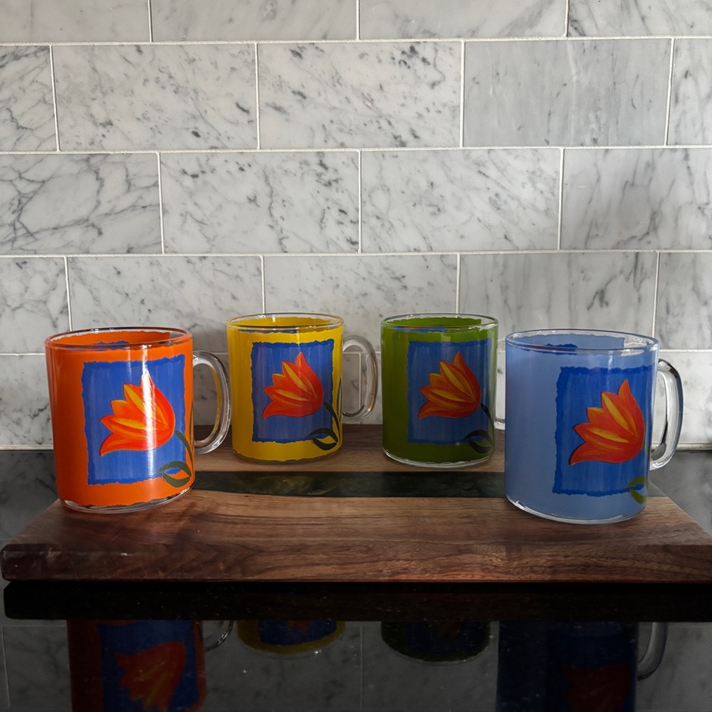 Set of 4 Vintage ARCOROC Colourful Glass Tulip Mugs, Made in France